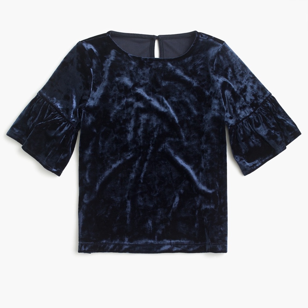 Crewcuts by J. Crew Girls Blue Stretch Velvet Ruffle Short Sleeve Shirt 10